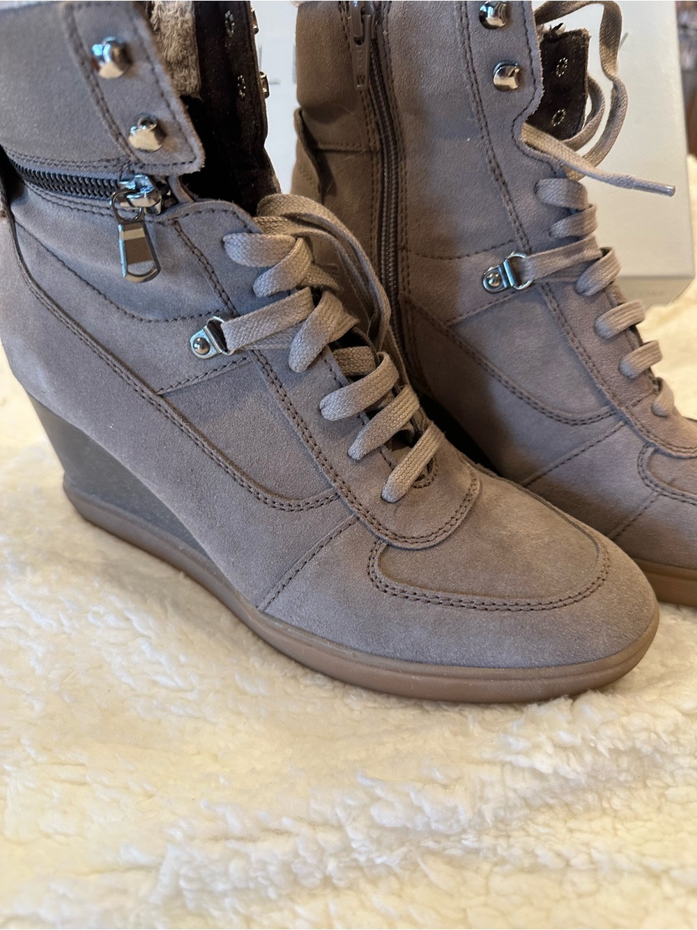 Geox Taupe Suede Wedge Lace-Up Ankle Boots